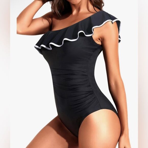 Tempt Me Women’s Black One Piece Swimsuit Tummy Control 1 Shoulder Ruffle M NWT - Picture 6 of 8